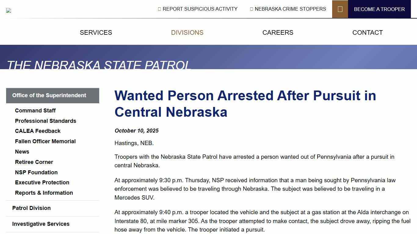 Wanted Person Arrested After Pursuit in Central Nebraska Nebraska State Patrol